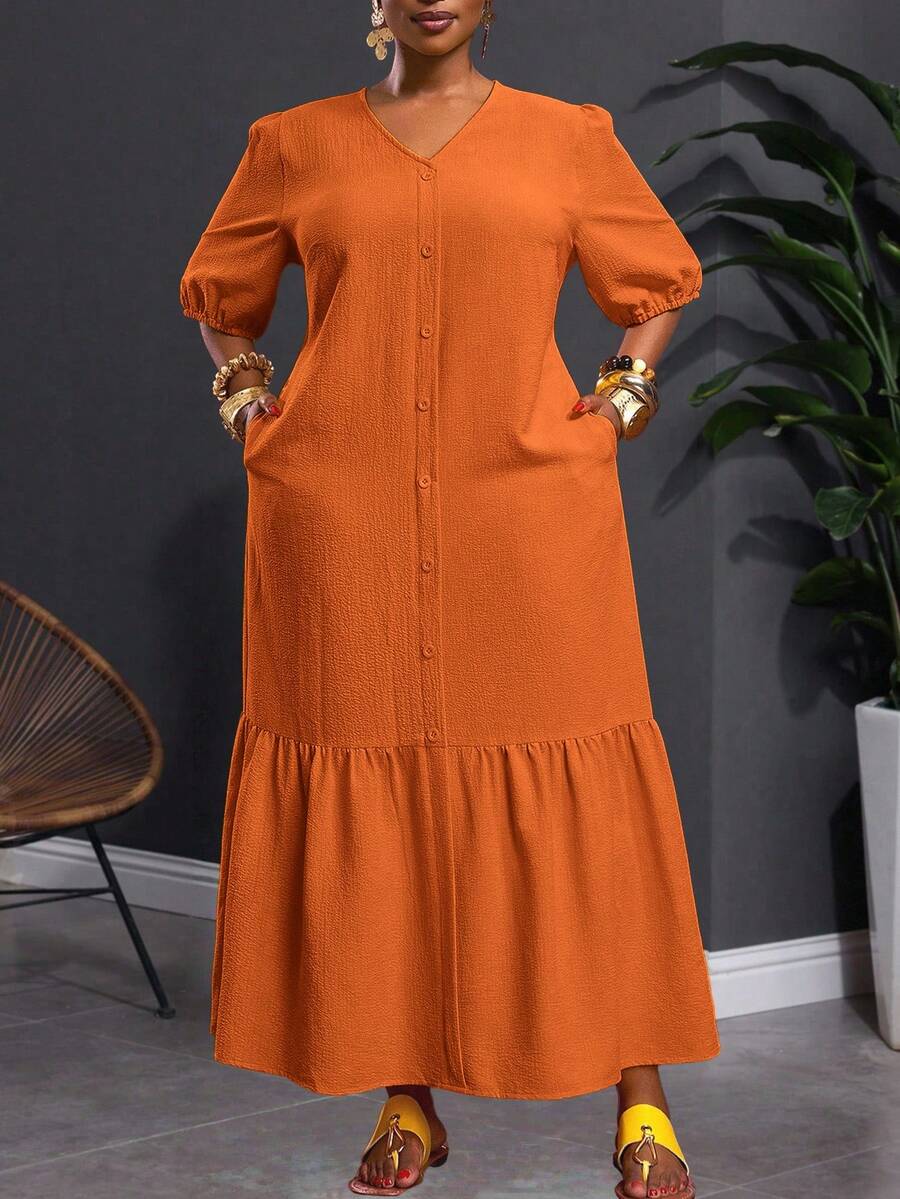 Slaydiva Bộ trang phục cỡ lớn phong cách vintage miền Tây cho mùa xuân/hè 2025, thích hợp cho lễ hội âm nhạc/club/chuyến đi đường dài/kỳ nghỉ/thường ngày/nghỉ ngắn ngày/lễ tốt nghiệp, trang phục thanh lịch dành cho nữ, dáng rộng màu vàng, họa tiết kẻ caro nổi bật, cổ chữ V, tay phồng, dáng chữ H, viền bèo nhún. - trái cam - Xem 1