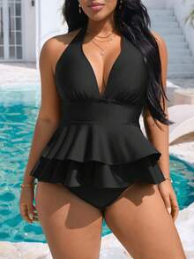 Swim Vcay Conjunto de bikini de top con cuello en V y volantes y Bottom triangular de cintura alta para mujeres de talla grande, adecuado para la playa y las vacaciones en primavera/verano 2026 - Negro - Ver 3