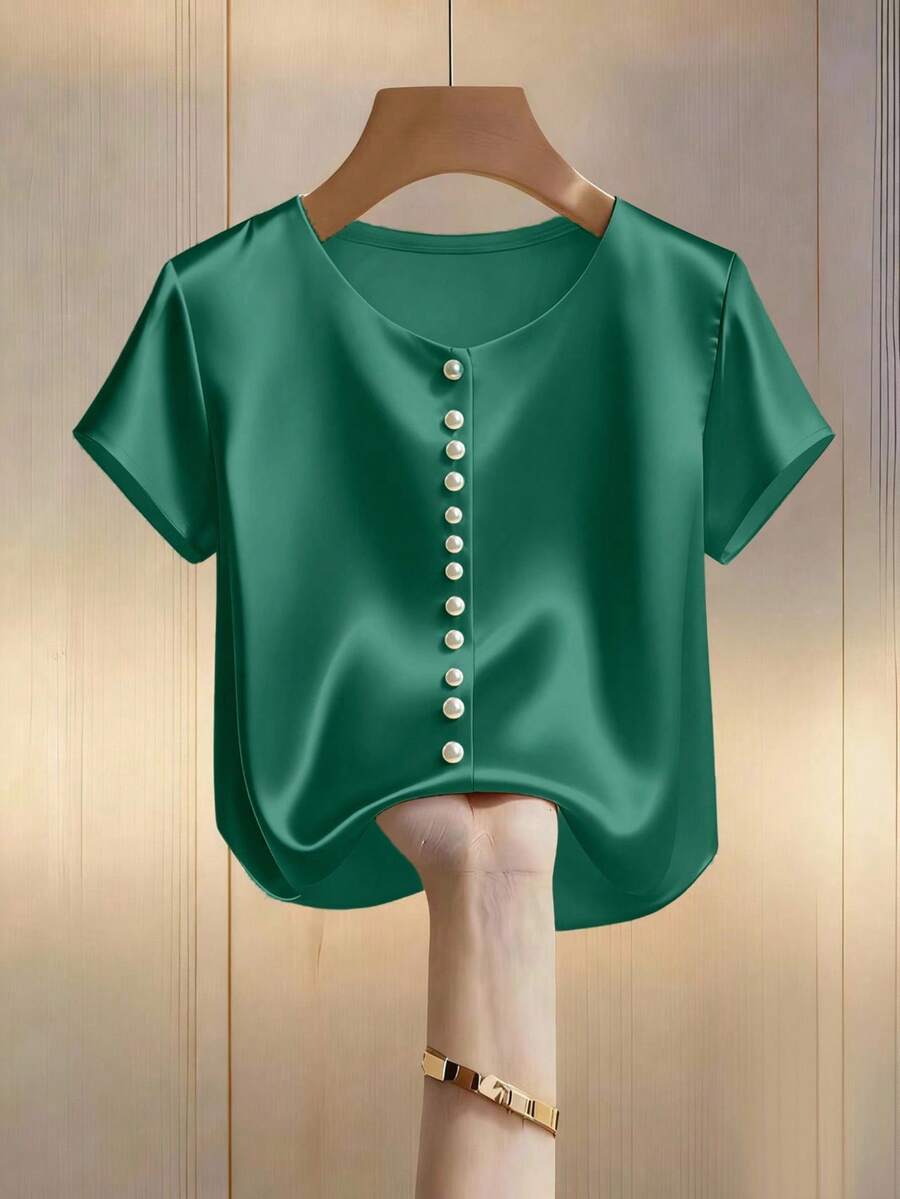 SHEIN LUNE 女士香槟色优雅圆领珍珠装饰长袖衬衫，缎面面料，适合通勤和日常优雅穿着 - 橄欖綠 - 查看 1