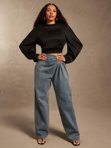 Vixey Sudadera de cuello redondo negro sólido de manga larga y estructura - Negro - Ver 1