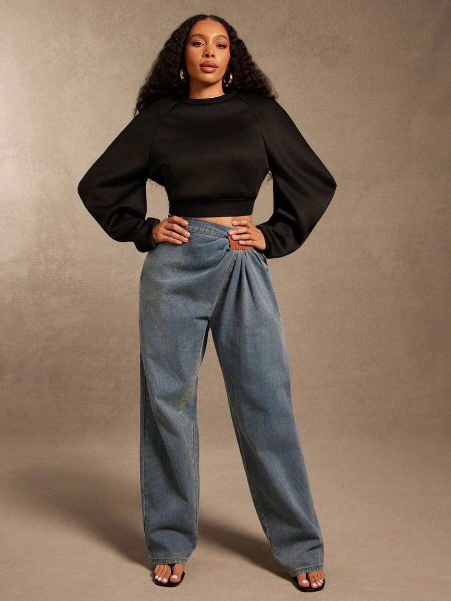 Vixey Sudadera de cuello redondo negro sólido de manga larga y estructura - Negro - Ver 1