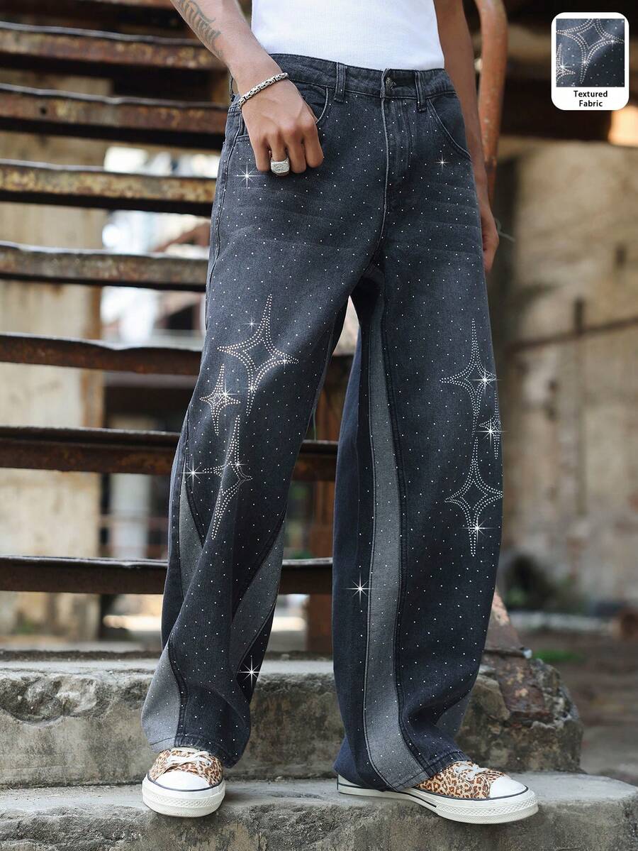 Manfinity EMRG American Star Studded Wide Leg Jeans - Black - View 1