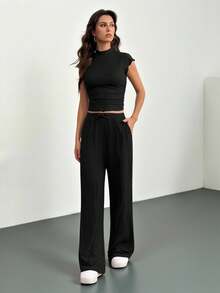 SHEIN Tall 女士夏季纯色立领褶皱上衣裤套装（2件套），休闲女装，运动服，女士夏季服装，女士夏季休闲套装，棕色两件套，女士两件裤装，女士休闲两件套，舒适两件套，棕色裤装，女士棕色裤装两件套 - 黑色 - 查看 8