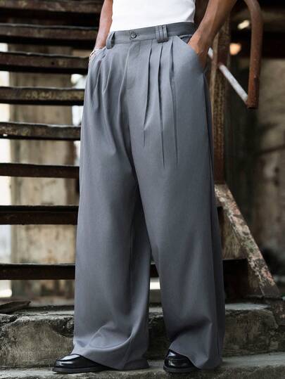 PAVTROS Men's Fashionable Versatile Wide-Leg Casual Pants Wide Leg Grey Pants Baggy Grey Pants Pleated Grey Trousers Loose Grey Pants
