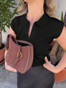 Jeta Ari 纯色盖袖针织上衣商务休闲女士工作服 - 黑色 - 查看 3