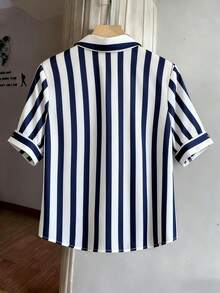 SHEIN Tall 女款海軍藍數位印花條紋寬鬆翻領短袖收腰修身通勤優雅獨特設計襯衫，適合高個女性 - 藍色 - 查看 2