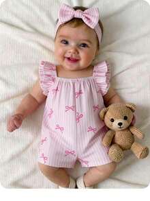 SHEIN Newborn Baby Girl Cute Summer Casual Pink & White Striped Bow Romper - Pink - View 3
