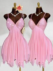 Sunspun Plus Size Solid Color Fashionable Bustier Camisole Backless Dress - Pink - View 1