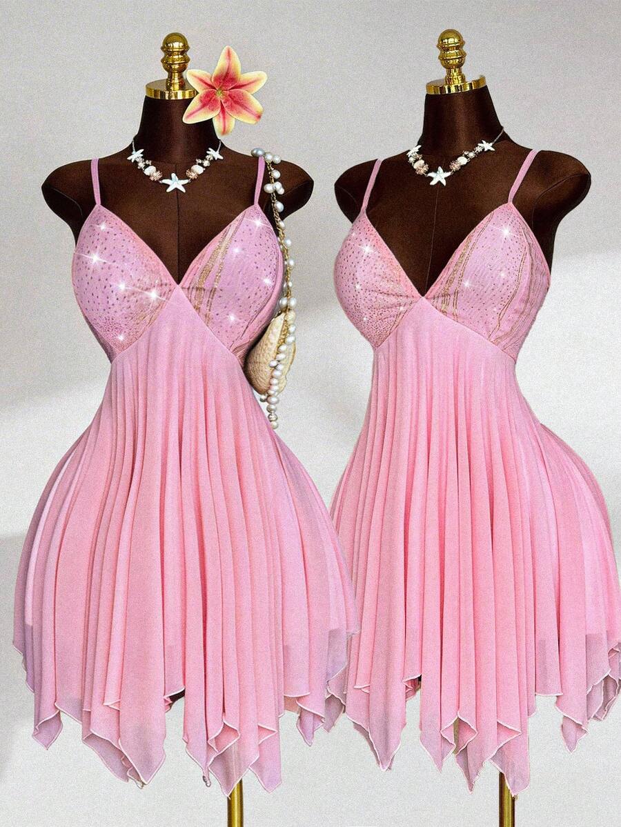Sunspun Plus Size Solid Color Fashionable Bustier Camisole Backless Dress - Pink - View 1