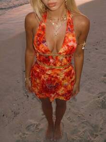 Sundraya Women's Tie-Dye Print Deep V-Neck Sexy Halter Mini Dress, Vacation - Yellow - View 3