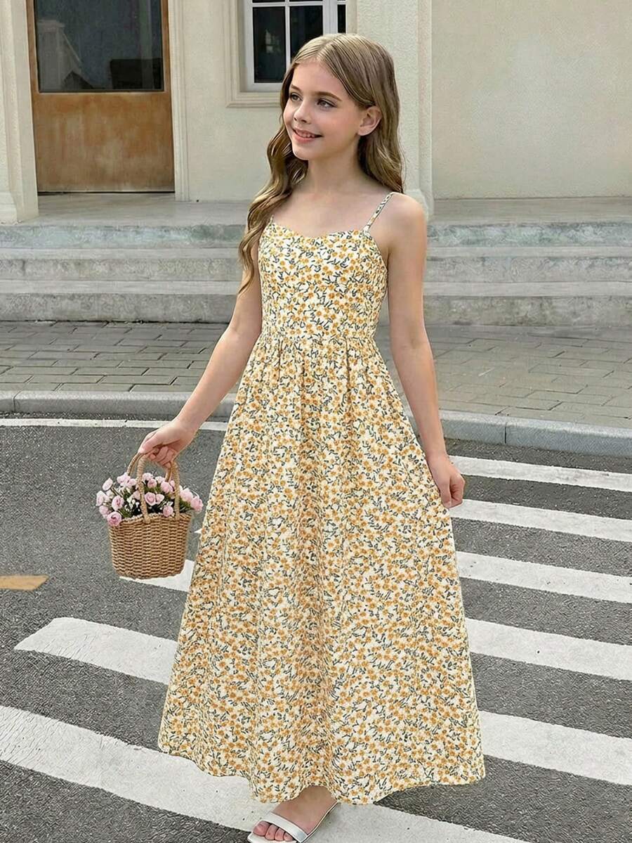 SHEIN 少女碎花吊带中长连衣裙 - 黃色 - 查看 1
