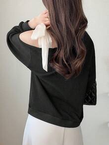 FRIFUL Áo thun dài tay nữ kiểu dáng casual phối màu tương phản, thiết kế xoắn vai, thích hợp mặc mùa hè. - màu đen - Xem 2