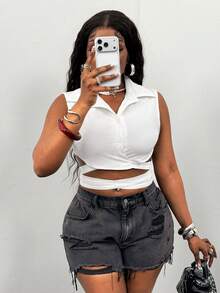 Glyssa 女士系腰休闲衬衫领无袖短款上衣 - 白色 - 查看 1