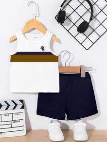 SHEIN Playful Pals 2pcs/Set Baby Boy Casual Outfit, Striped & Letter Print Vest Top Paired With Navy Shorts, Suitable For Summer Outings - Multicolor - View 4