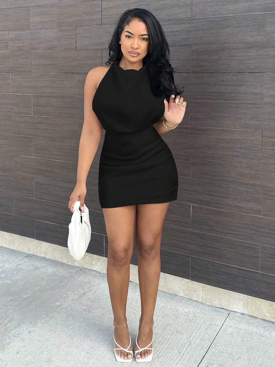 Alexandranx 纯色露背吊带连衣裙派对 - 黑色 - 查看 1