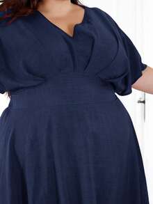 Pretty and Ole Plus Size Summer Simple Elegant Cinched Waist Batwing Sleeve Dress - Navy Blue - View 3