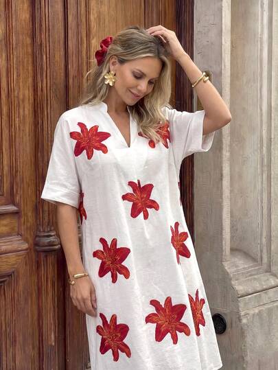 Hansera Vestido de mujer de manga corta con cuello en V y estampado