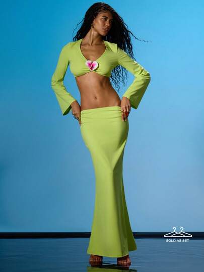 MUSERA V Neck Flower Detail Long Sleeve Top With Maxi Skirt Coord Sold As Set Summer Sexy Going Out Beach Holiday Ibiza Club Tropical Fever