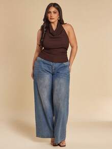 SHEIN BAE Plus Size Women's Brown Solid Textured Knit Halter Neck Slim Fit Pleated Backless Top,Elegant Autumn Night Out Club Tight-Fitting Y2k Party Tops - Brown - View 6