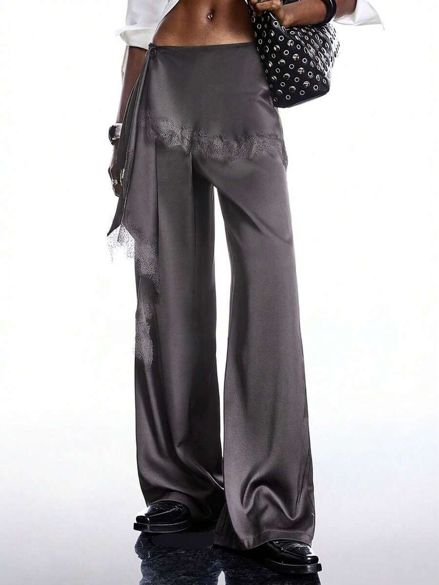 LYSMO 2026新款极简春夏女式灰色蕾丝拼接荷叶边休闲百搭通勤阔腿裤，饰有蕾丝花边 - 深灰色 - 查看 1