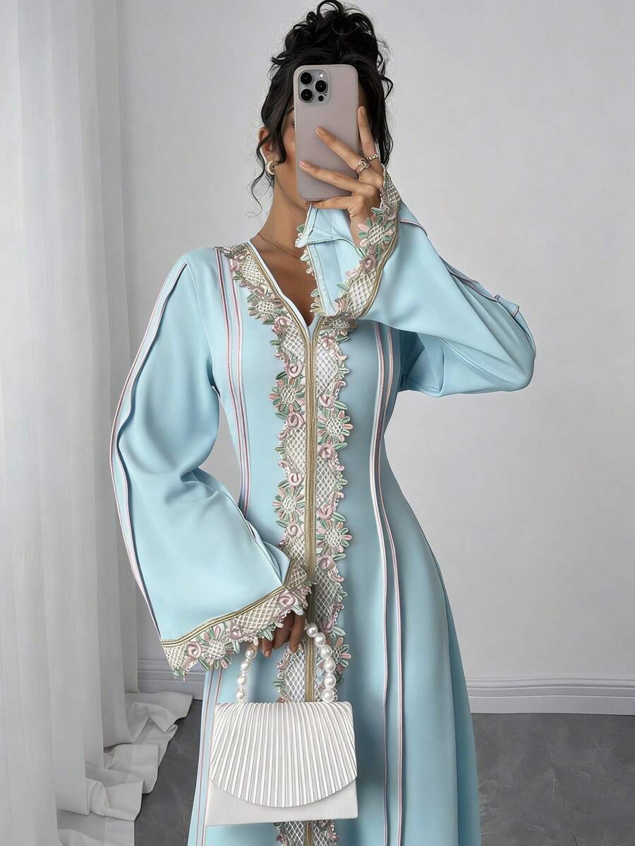 Rafferiza Women's Loose V-Neck Ruffle Long Sleeve Robe, Turkish Abaya, Arabic Kaftan - Light Wash - View 1