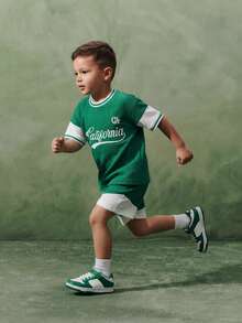 Casuvi Kids Young Boys Colorblock Drop Shoulder Tee Set,American College Style Graphic Print Loose Fit Summer School 2-Piece Outfit,Kids Sports Soccer Jersey Kit - Dark Green - View 9
