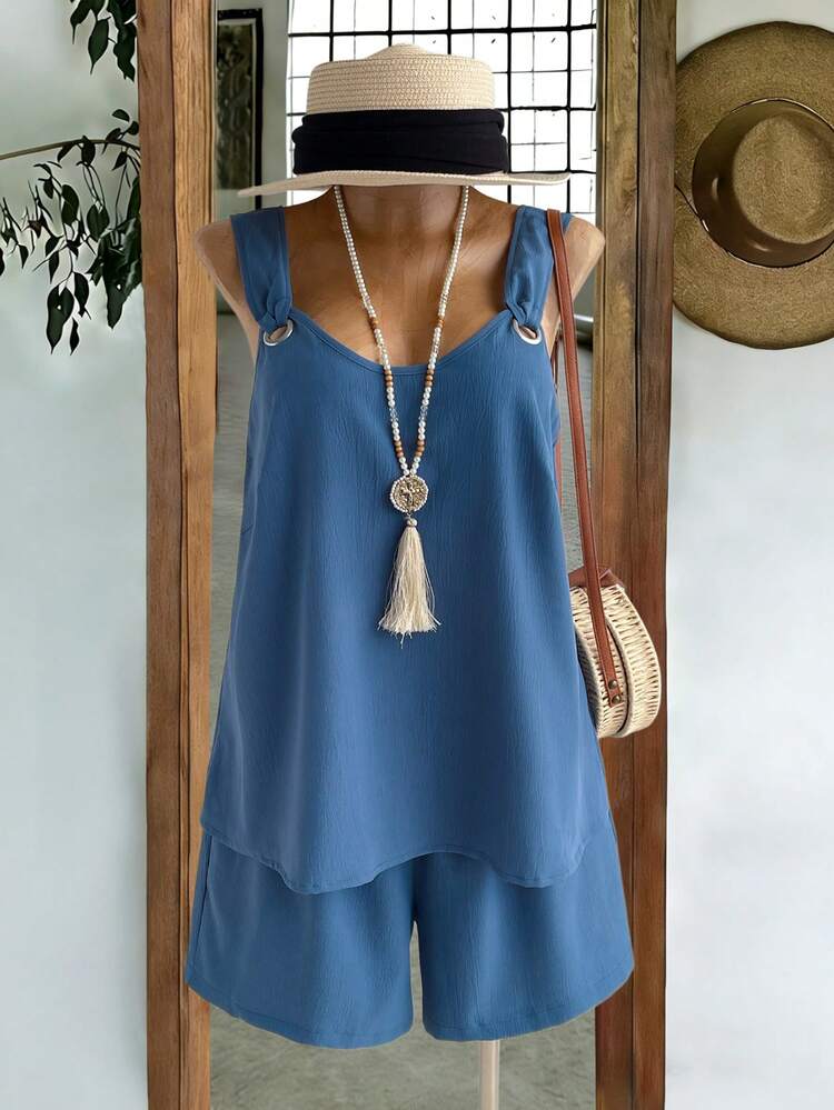 Women Plus Size Solid Color Minimalist Camisole And Shorts Set, Casual Everyday Wear,Country Concert Outfit Women's Country Clothing ,Summer Holiday Outfits