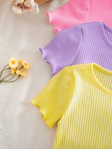 SHEIN Babygirl Cute Casual Solid Color Wavy Hem Short Sleeve Top, Multi-Color, Baby Girl - Multicolor - View 5
