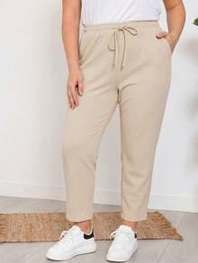 EMERY ROSE Plus Size Women Casual Solid Color Drawstring Pants - Apricot - View 3