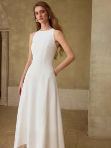 MOTF PREMIUM CONTRAST LACE WHITE MID-LENGTH DRESS FOR WOMEN - White - View 5