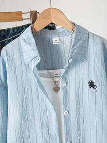 SHEIN Tween Girl Knight Pattern Striped Long Sleeve Single-Breasted Casual Shirt - Blue - View 5