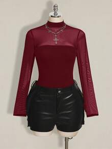 SHEIN ICON Mono de malla con parches sexy de talla grande Y2K - Burdeos - Ver 7