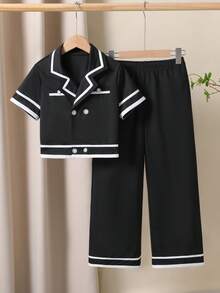 Tween Girl Striped Lapel NeckDouble-Breasted Short Sleeve Shirt And Pants Casual Outfit - Black - View 1
