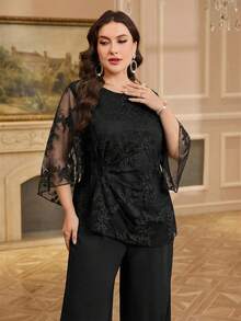 Reflora Conjunto de 2 piezas de talla grande elegante para ir al trabajo con top de encaje y pantalones de unicolor - Negro - Ver 6