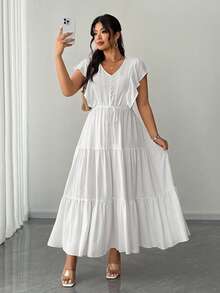 Elenzga 大码女式夏季休闲度假日常纯色V领荷叶边袖口层叠下摆连衣裙 - 白色 - 查看 4