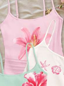 Tween Girl 3-Piece Set Cute Blush Pink Summer Vacation Holiday Tropical Floral Hibiscus Shell Print Fitted Casual Sports Racerback Crop Tank Tops - Multicolor - View 5