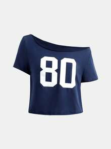 SHEIN Girlism Teen Girls 2 Piece Outfit,Navy Asymmetrical Shoulder Slogan T-Shirt & Slouchy Pants Set,Back-To-School Autumn Streetwear Holiday Casual Gym Clothes - Royal Blue - View 7