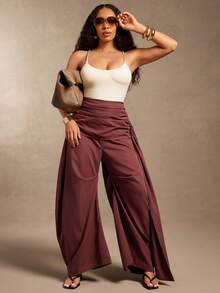 Vixey Solid Woven High Waist Gathered Sash Wide Barrel Leg Pants - Brown - View 3