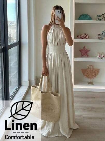 Aloruh Vestido feminino de verão, elegante e moderno, com gola alta e pregas, modelo boêmio, corte em A, longo e sem mangas, perfeito para o verão. Vestido elegante e casual para férias.