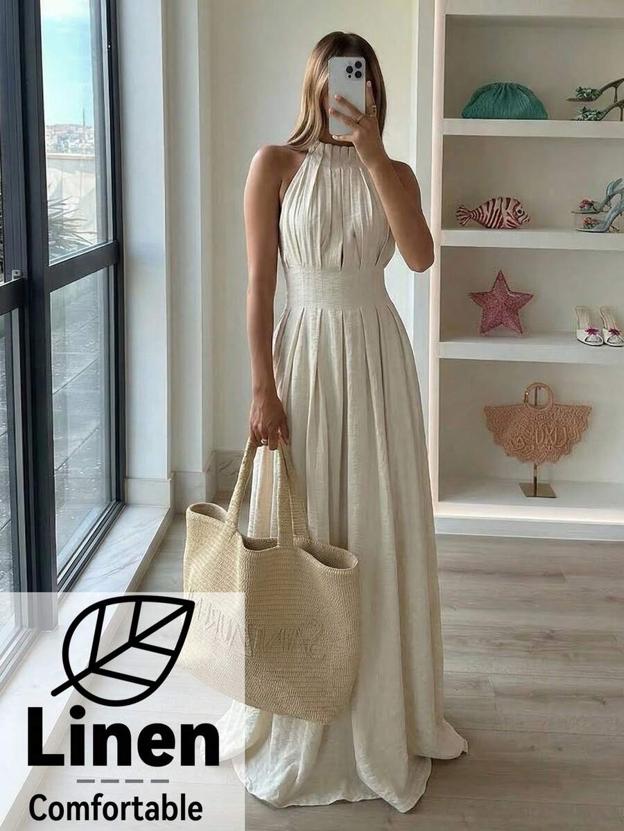 Aloruh Đầm hè nữ, đầm xếp ly cổ đứng thời trang, đầm dài không tay dáng chữ A phong cách bohemian mùa hè, đầm không tay thanh lịch cho nữ, đầm đi nghỉ mát thường ngày.