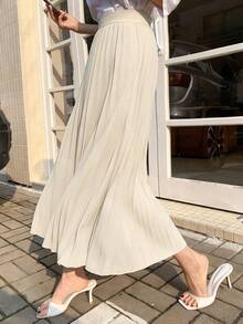 DAZY Rok A-Line Lipit Elegan untuk Wanita, Musim Semi/Panas - Krem - View 4