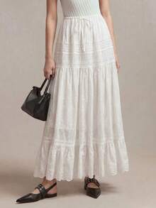 BizChic Falda acampanada nueva de primavera/verano con cintura elástica, cordón ajustable, lazo y parches de encaje bordado. Versátil para la oficina, el transporte, los negocios, ocasiones sociales y estilo Y2K - Blanco - Ver 2