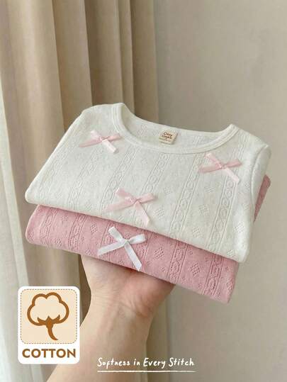 Cozy Pixies Bộ 2 áo len ngắn tay cổ tròn mềm mại trang trí nơ cho bé gái