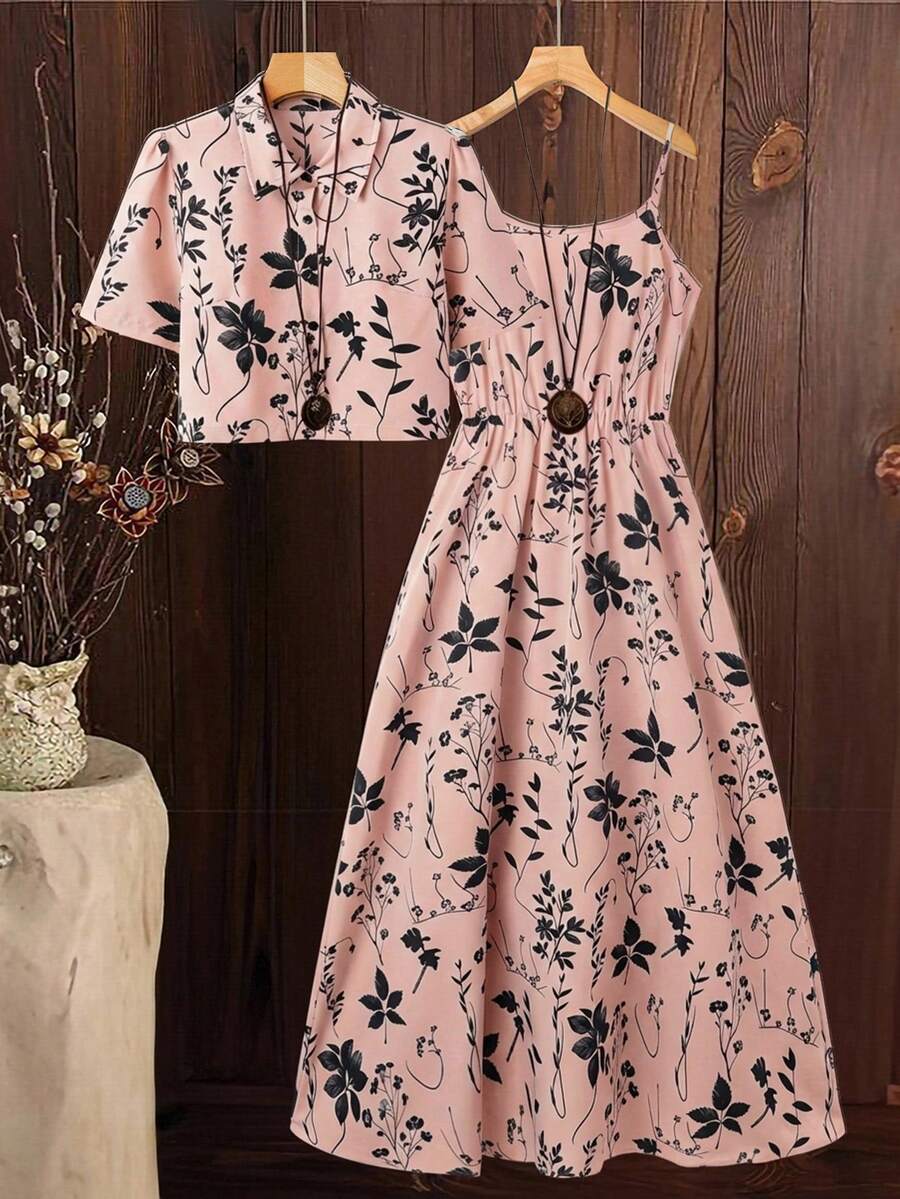 SHEIN Clasi Bộ 2 món áo sơ mi và váy slip dress in họa tiết cây cỏ dành cho nữ, thích hợp cho kỳ nghỉ. - Hồng - Xem 1