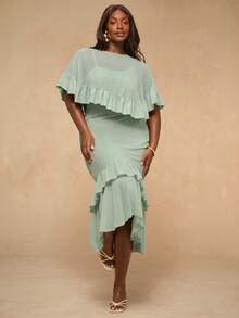 SHEIN BAE Plus Size Women Solid Color Ruffle Hem Elegant Waist Cinched Party Dress,Summer Outfit For Women,Spring Clothing,Festival Dresses,Easter Dress Women,Elegant Long Party Dress,Beach Outfit,Plus Size,Curve,Holiday Dresses,Elegant  Dress,Green Dresses For Women ,Ruffle Dress - Green - View 2