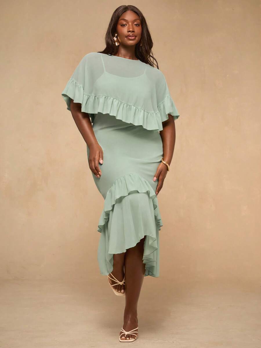 SHEIN BAE Plus Size Women Solid Color Ruffle Hem Elegant Waist Cinched Party Dress,Summer Outfit For Women,Spring Clothing,Festival Dresses,Easter Dress Women,Elegant Long Party Dress,Beach Outfit,Plus Size,Curve,Holiday Dresses,Elegant  Dress,Green Dresses For Women ,Ruffle Dress