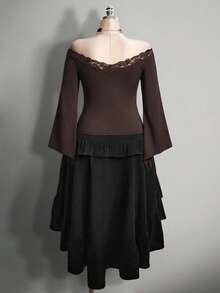 SHEIN ICON 大码女式V领蕾丝拼接喇叭袖T恤 - 棕色 - 查看 2