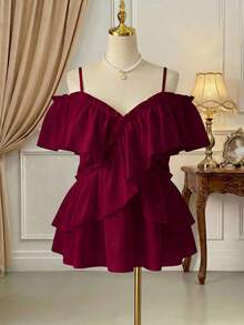 Rometta Áo sơ mi hai dây thiết kế tay bèo nhún lãng mạn màu trơn cỡ lớn Áo peplum Áo sơ mi nữ mùa hè Quần áo mùa hè Quần áo nữ - Màu đỏ tím - Xem 4