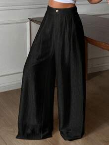DAZY Women's Loose Wide Leg Pants, Elegant Vacation Wear, Spring & Autumn - Black - View 6