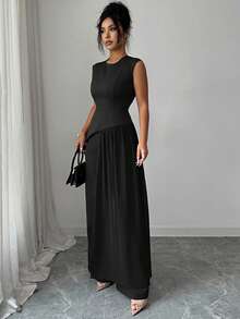 SHEIN Elenzya 两件套：雪纺拼接圆领不对称下摆无袖上衣 + 宽松阔腿裤，优雅复古法式风格，适合通勤、商务、度假、休闲、春夏穿着。 - 黑色 - 查看 6